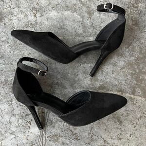 Women's Black Suede Pointed Toe Ankle Strap Heels